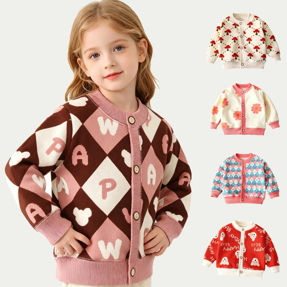 Girls Cardigans 1 2 3 4 5 6 7 8 9 Years Korean Letters Diamond Grid Cartoon Kids Sweater Pink Red Toddler Girl Knitwear Clothes