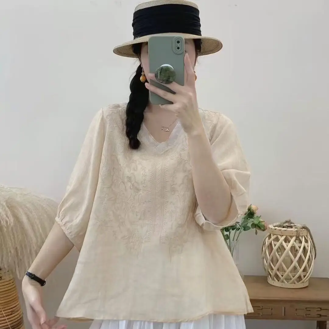 

Elegant Women's Short Sleeve Cotton Linen Base Shirt V-Neck Spring Summer New Style Thin Brand Large Size Commute Style