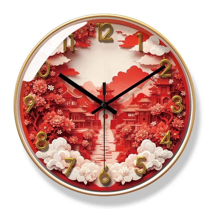 2026 New 10/12/14-inch Red Fire Ancient Building Wall Clock Fashion Retro Creative Home Living Room Mute Quartz Clock Watch