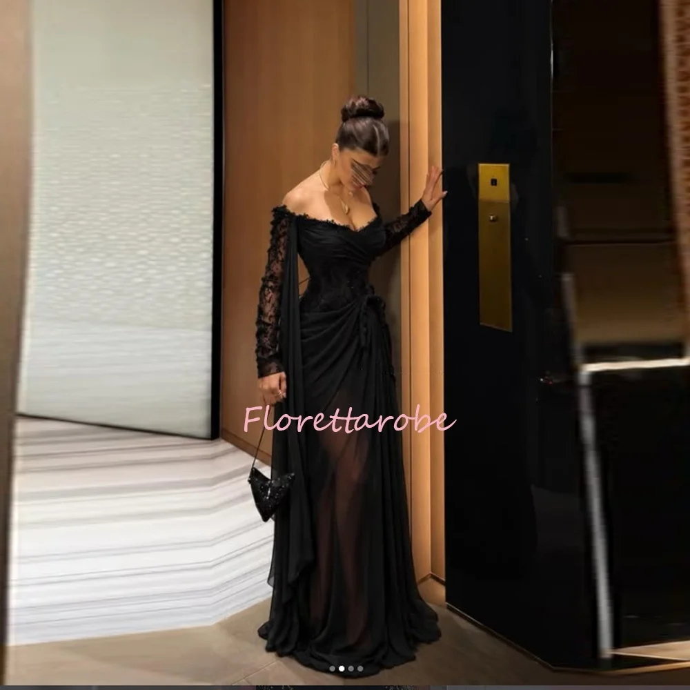 Black Chiffon  Off The Shoulder Long Sleeve Prom Gown Dubai Saudi  Arabic Sexy Lace Beads Evening Dresses Customize