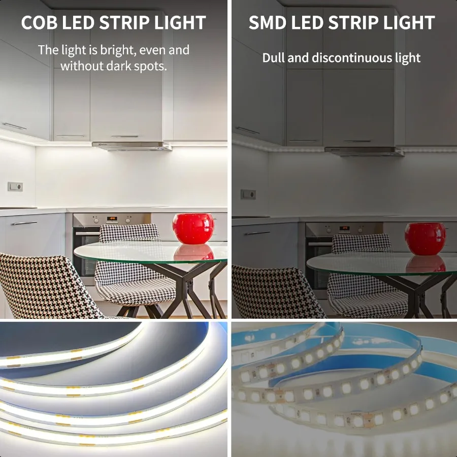 Bande lumineuse LED COB 50ft6000K DC 24V, variable, blanche, Flexible, pour chambre à coucher, avec télécommande et contrôle par application