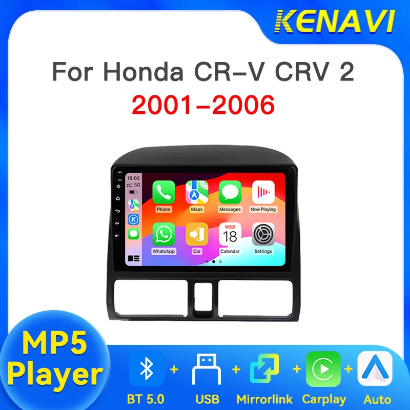 Автомобильная мультимедийная система с сенсорным экраном для Honda CRV 2 2001-2006: MP5-плеер, беспроводной CarPlay, Android Auto, Bluetooth 5, USB