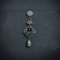 Classic retro silver 925 court style pin pendant natural Hotan Jade green Ruyi cheongsam tassel broches for women Jewelry