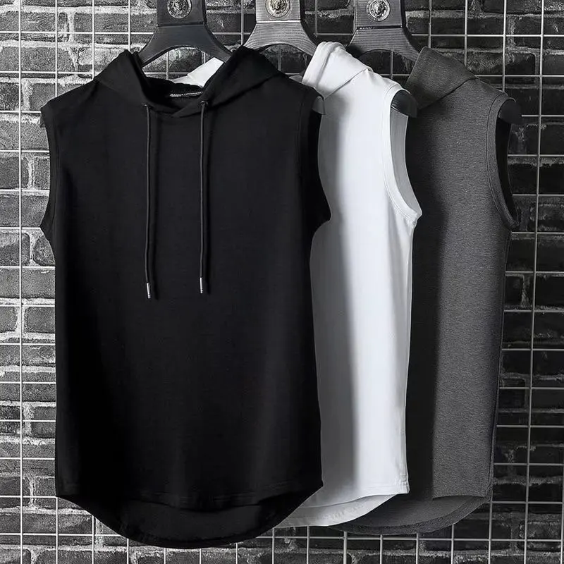 Hooded vest men's summer new Hong Kong style street solid color hooded sleeveless t-shirt thin vest personalized trendy top