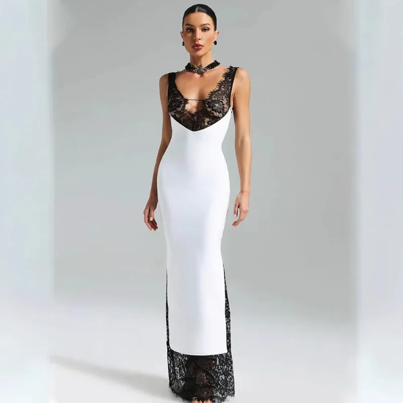 2026 Summer Fashion New Women's Elegant Lace Edge Strap Skirt Satin Splicing Sexy Temperament Bag Hip Split Dress