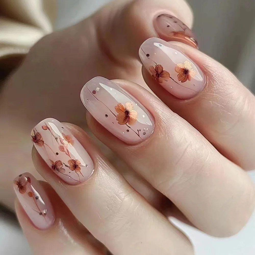 24Pcs Almond Fake Nails Gradient Pink Flower Designs Full Cover False Nails for Women Spring Summer Press on Nails Tips 2025