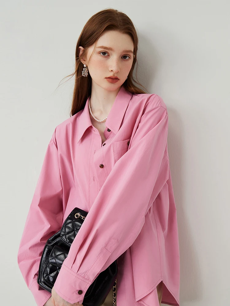 FSLE 100% Cotton Commuter Long Sleeve Solid Blouses Contrast Color Button Design Straight Casual Shirts Drop Sleeve Women Tops