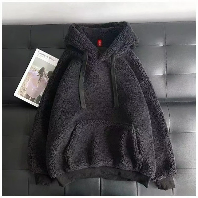 Nueva Sudadera con capucha de piel de cordero de imitación a la moda para mujer, ropa sencilla coreana para parejas, Top holgado con capucha gruesa Unisex 2026
