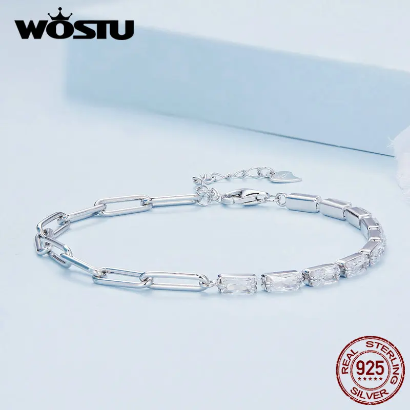 WOSTU 925 Sterling Silver Square Shiny Cubic Zirconia Tennis Bracelets For Women Euro Simple Splice Bangle Wrist Jewelry Gift