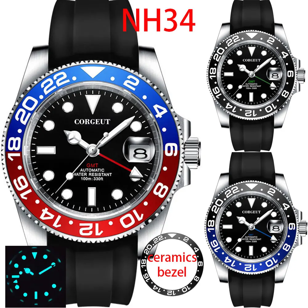 

New Luxury NH34 CORGEUT Logo Mechanical Wristwatch Luminous Rubber Strap Top Brand Sapphire Glass 10Bar Male Clock Reloj Hombre