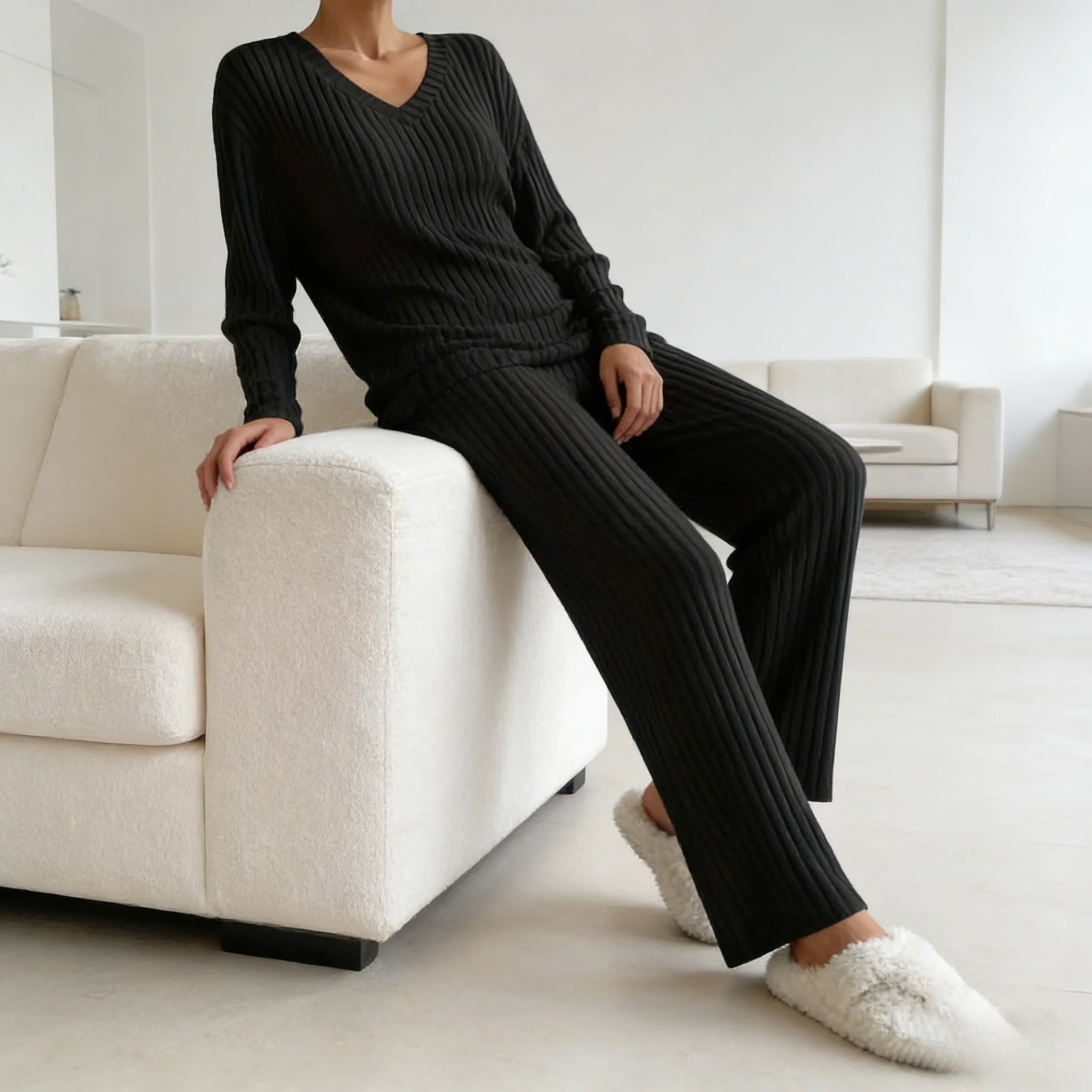 

2026New Autumn Winter Loungewear Set Fashion Casual Straight Pants Loose V Neck Ribbed Knit Two Piece Set Cross Border Supply