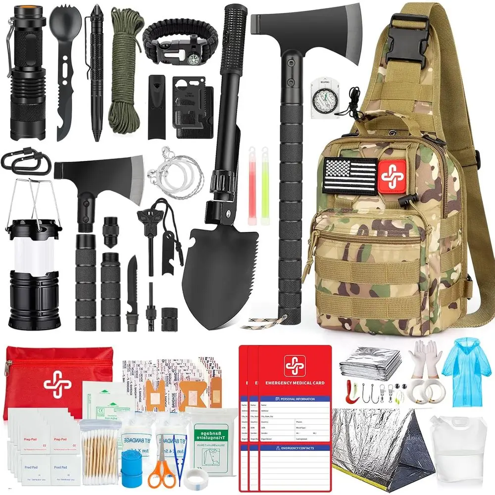 

Ultimate 262-Piece Survival Kit with First Aid, Backpack, Tent, Tools, and More for Outdoor Emergencies