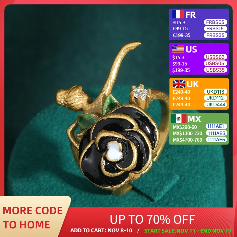 

Romantic Ballet Girl Rose Flower Dripping Oil Camellia Vintage Rings Antique Jewelry Gold Color Accessories for Women Luxury New