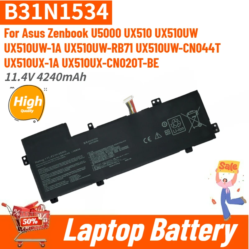 

Высококачественная батарея для ноутбука B31N1534 11.4V 4240mAh для Asus Zenbook UX510UW U5000 UX510 UX510UW-1A UX510UW-RB71, абсолютно новая