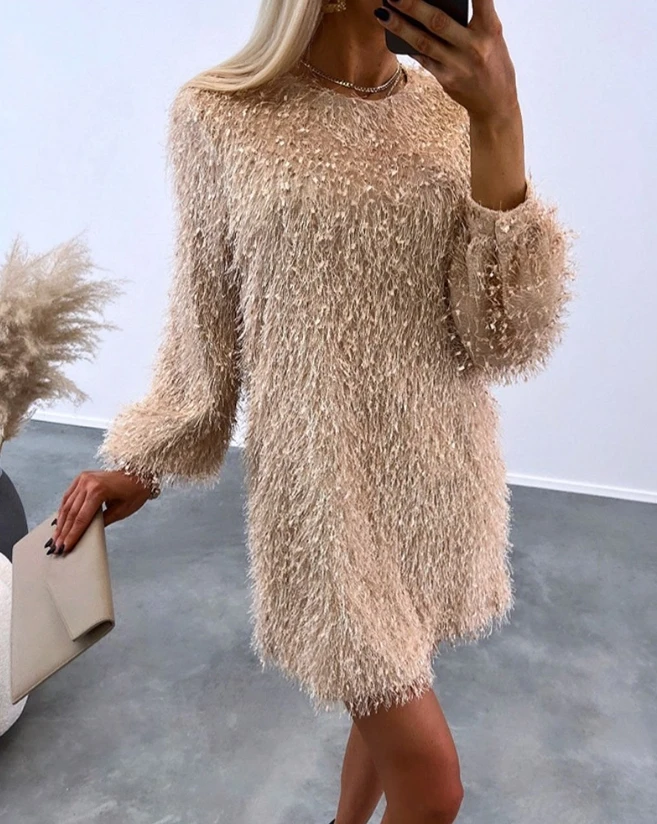 

Elegent and Comfortable Women Dress 2024 Early Spring Round Neck Fluffy Long Sleeve Casual Hot Selling Daily Mini Dress