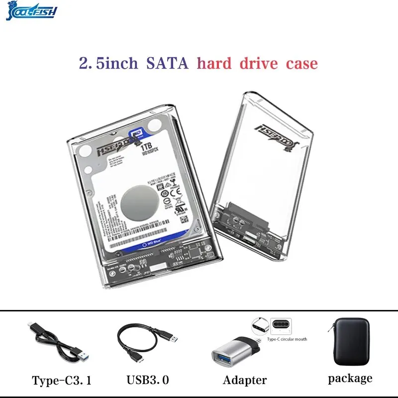 CoolFish 외장 하드 드라이브 케이스, USB 3.0, C타입, SATA SSD, 투명 하드 디스크 케이스, 도구 필요 없는 지지대, 5Gbps, 2.5 인치