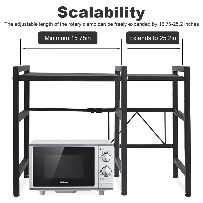 2 Tier Microwave Shelf Carbon Steel Expandable Rack Space-Saving Shelf Organiser with 6 Hooks for Kitchen Worktops White/Black