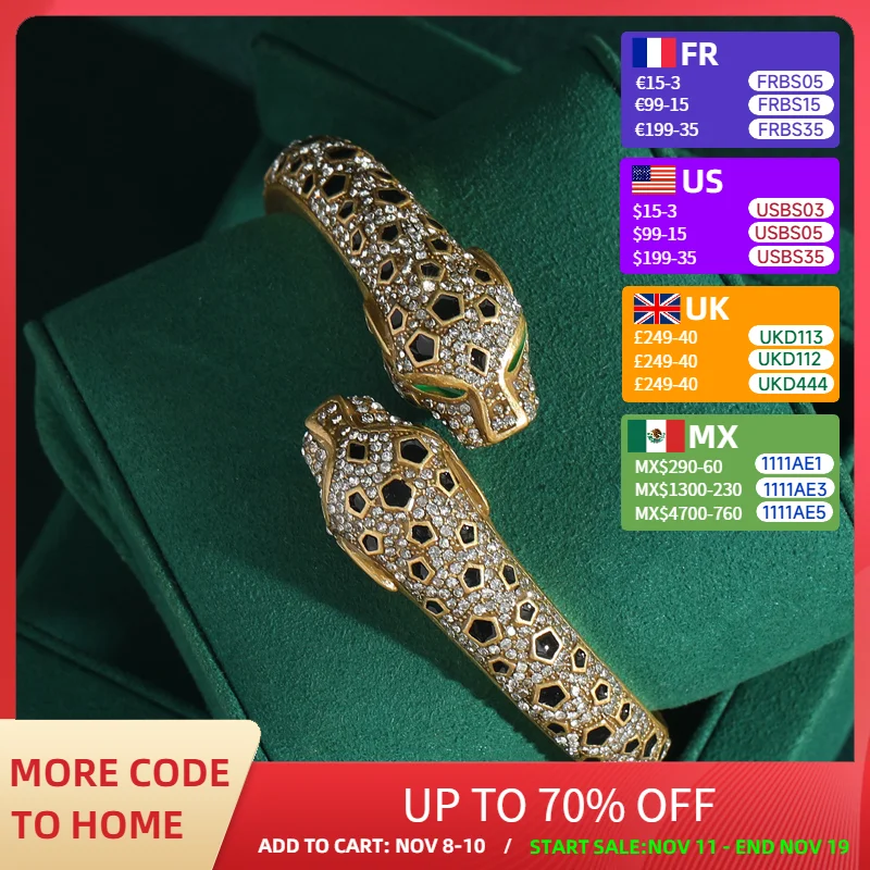

Luxury Vintage 18K Gold Plated Leopard Head Crystal Open Bangle Adjustable Design Women's Fashion Jewelry Gift