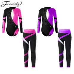 Kids Girls Ballet Dance Outfit Long Sleeve Shiny Rhinestones Patchwork Gymnastics Leotard Skating Leggings Childs Dancewear Sets