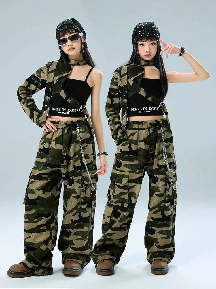 

2025 Children Single Sleeve Camouflage Pants Set Jazz Dance Costumes For Girls Group Kpop Hip Hop Dance Stage Clothing DQS19084