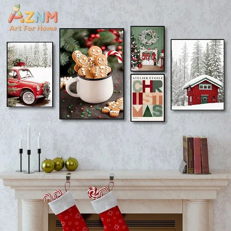 AZNM Gingerbread Man Red Truck Snowy Cabin Canvas Wall Art, Modern Christmas Winter Frameless Canvas Print Poster for Fireplace
