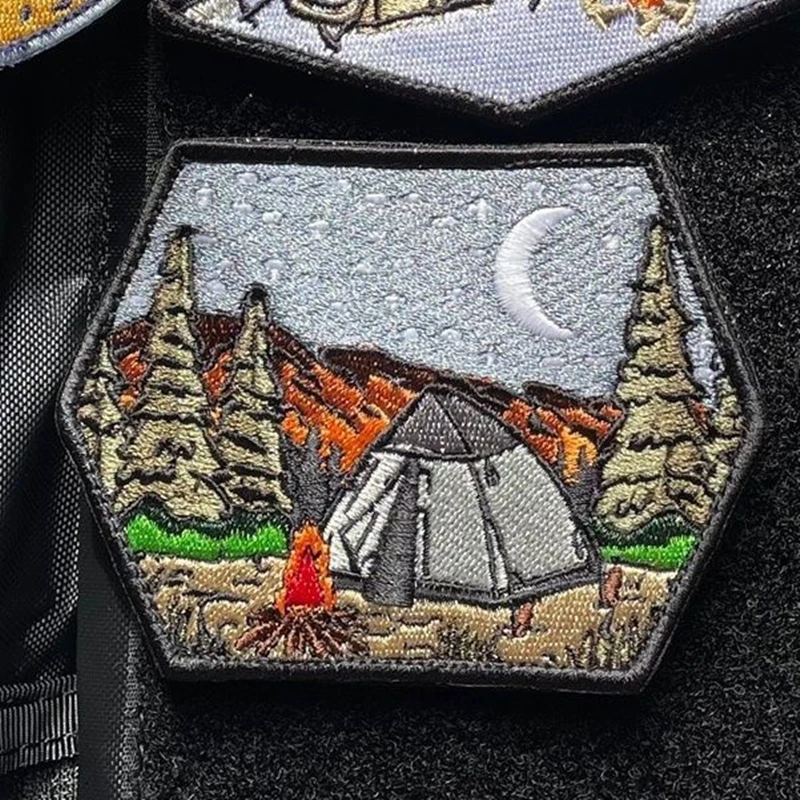 Luminous Embroidery Patches All Terrain Forest Moon Sun Bonfire Tent Mountain Landscape Tactical Badge Stripes Appliques Decor