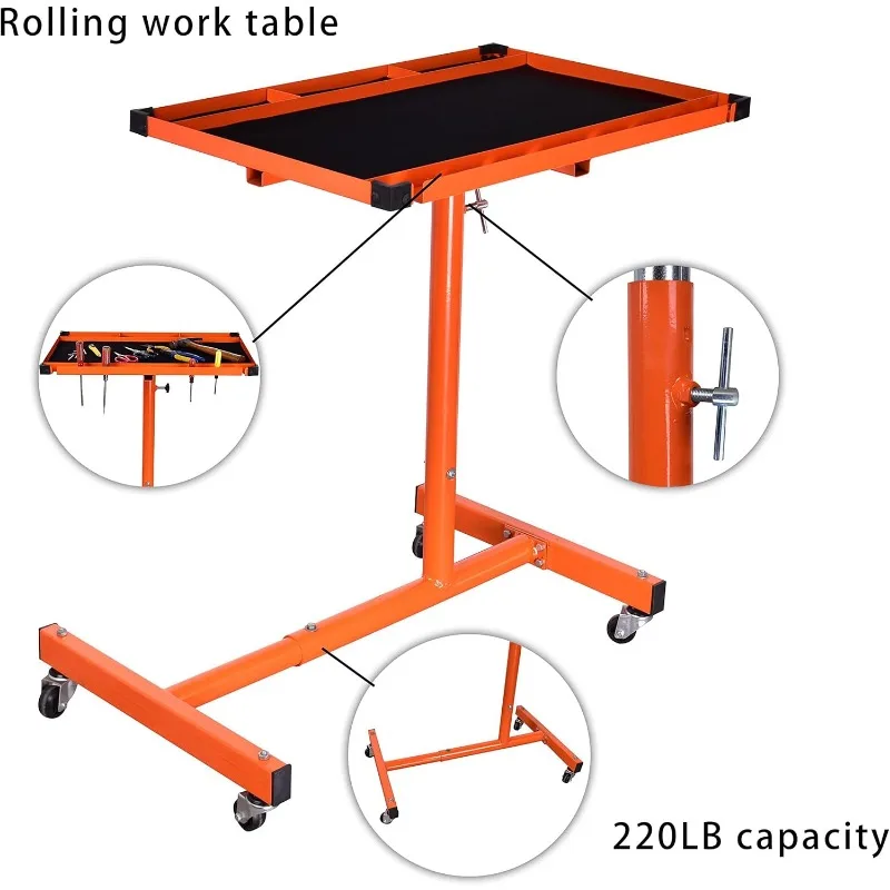 Mechanics Rolling Work Table, Adjustable Mobile Tray Table for Shop, Garage, DIY. Tool Tray Cable With Wheels. 220 lb. Capacity