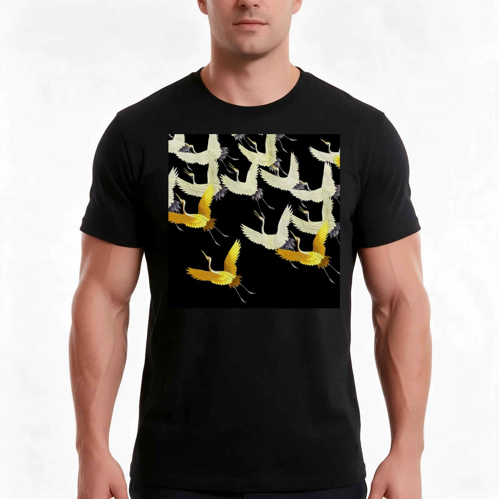 GOLD YELLOW WHITE FLYING CRANES IN BLACK Japanese Pattern T-Shirt, Summer Casual Cotton Tee, Oversized Streetwear Tops