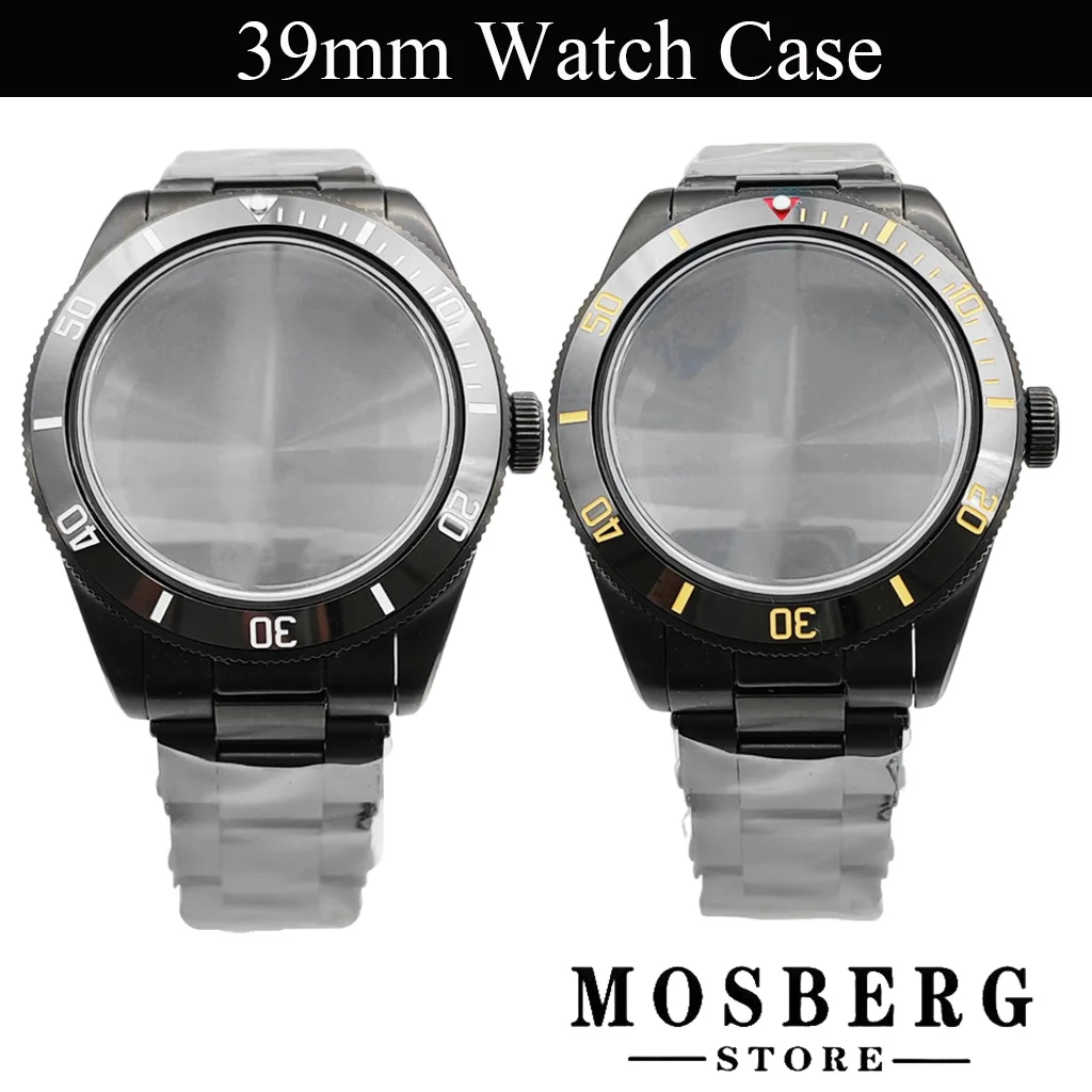 

39mm Black Watch Case With Watch Strap Ceramic Bezel Domed Sapphire Glass Solid Stainless Steel For NH35 NH36 Watches Movement