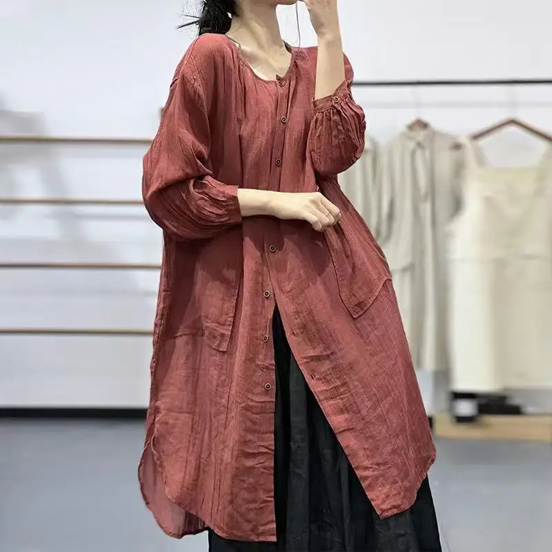 

Тонкие литературные хлопковые рубашки рами, женские однобортные летние длинные блузки с круглым вырезом, льняной топ с рукавами три четверти