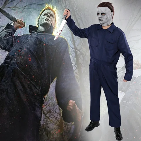 Masked Man Horror Cosplay Costume Suit Scary Mask Jumpsuit Overalls Full Set for Men and Adult Halloween Party Cosplay Outfit