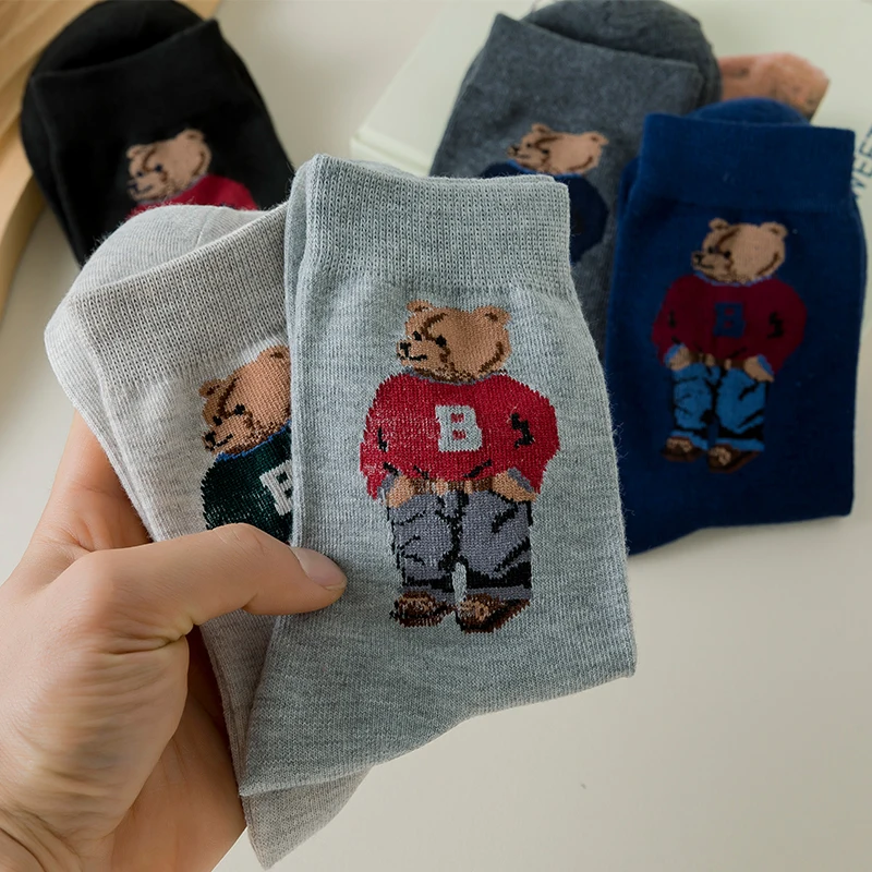 5 Pair Gentleman Bear Men's Socks Comfortable Harajuku Skateboard Socks Novelty Breathable Sox Christmas Gift