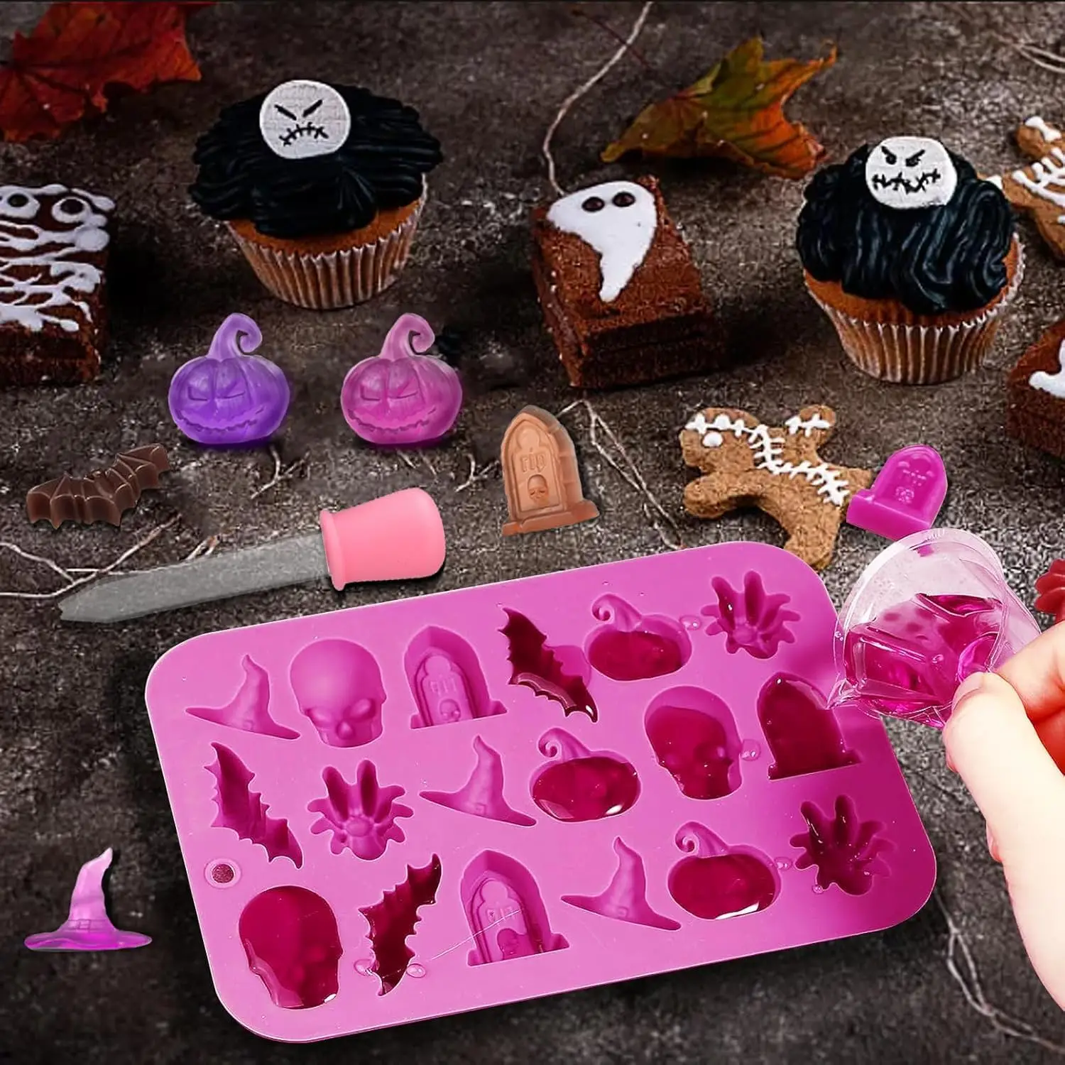 Halloween Silicone Molds Halloween Chocolate Candy Gummy Mold Skull Pumpkin Bat Ghost Witch Hat Spider tombstone Shapes Mold