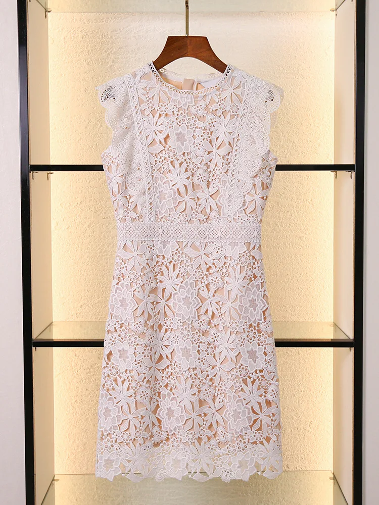 

Mini Dress for Women 2024 New Spring Summer Embroidery Lace O-neck Slim Waist Sweet Sleeveless Sling Robes