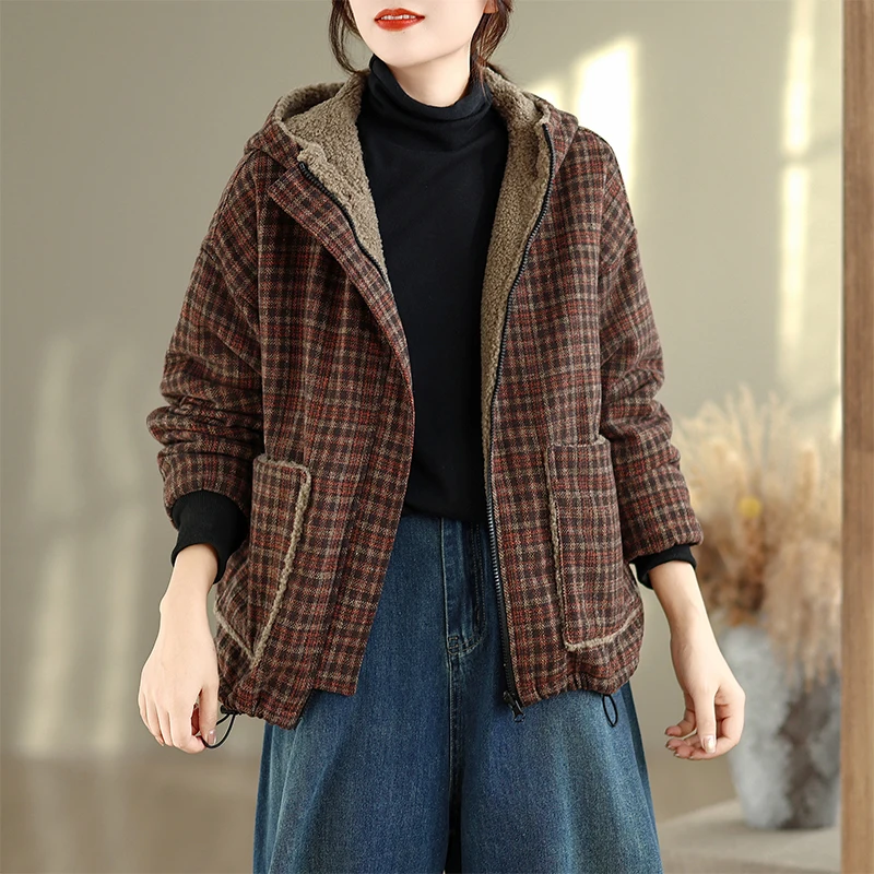 2025 Winter New Plaid Design Double-Sided Wear Fleece-Lined Thickened Casual Versatile Anti-Aging Slimming Hooded Cotton Jack...