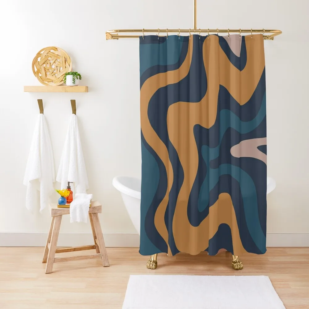 

Retro Liquid Swirl Abstract Pattern in Blue Ochre Shower Curtain Anti-Mold Waterproof Shower Modern Bathroom Accessories Curtain