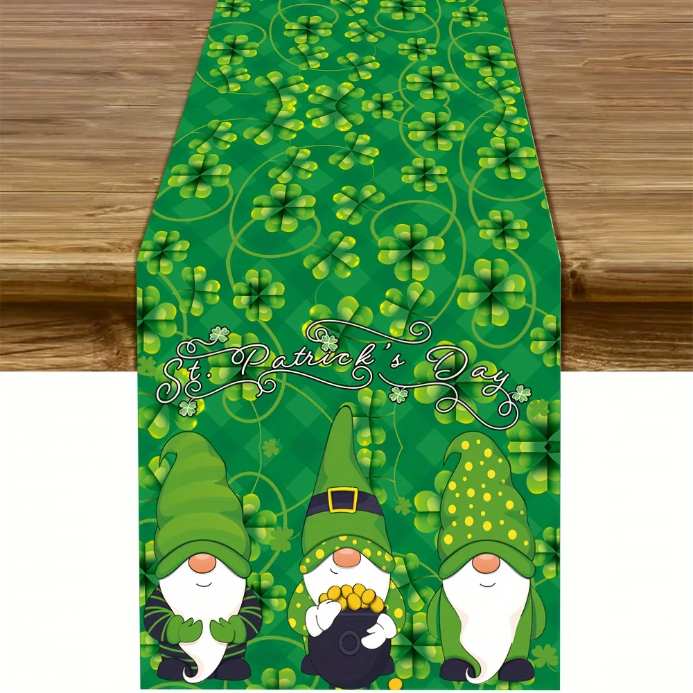 St. Patrick's Gnome Tischläufer, 2D-Einzeldruck, grün, Heimdekorationszubehör, glückverheißend, festlich, Feiertagsmotiv, langlebiger Tischläufer