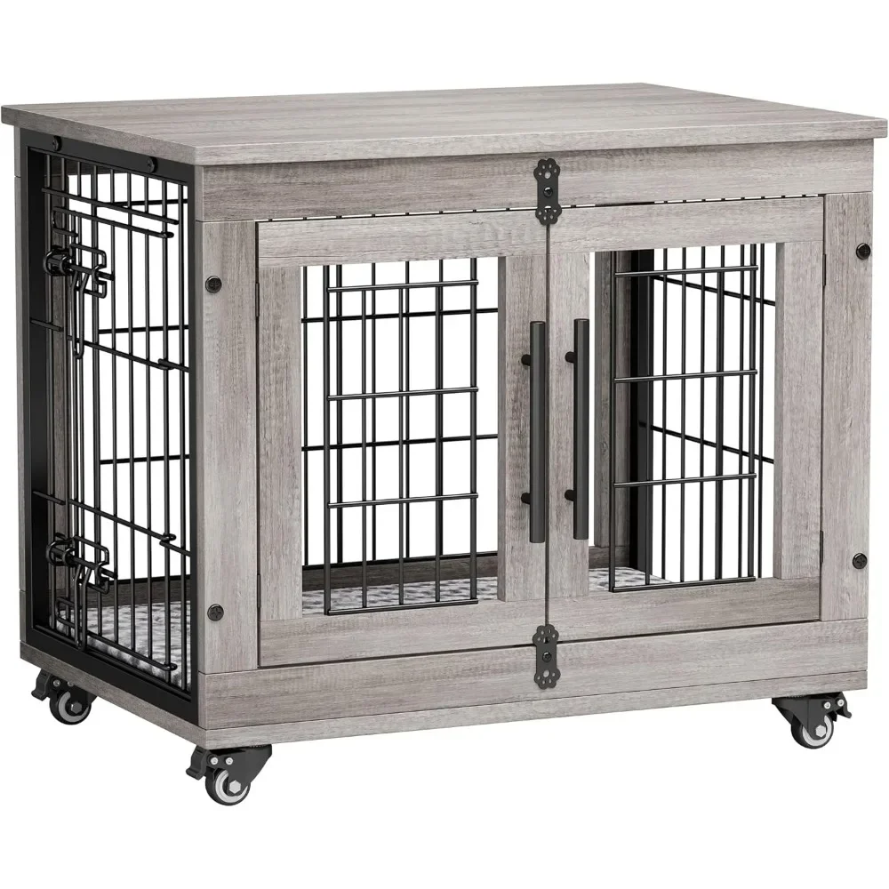 

Dog Kennel Indoor Double Doors Wooden Dog Cage, Heavy Duty Dog Crate with Cushion&Wheels,Decorative End Table Pet House