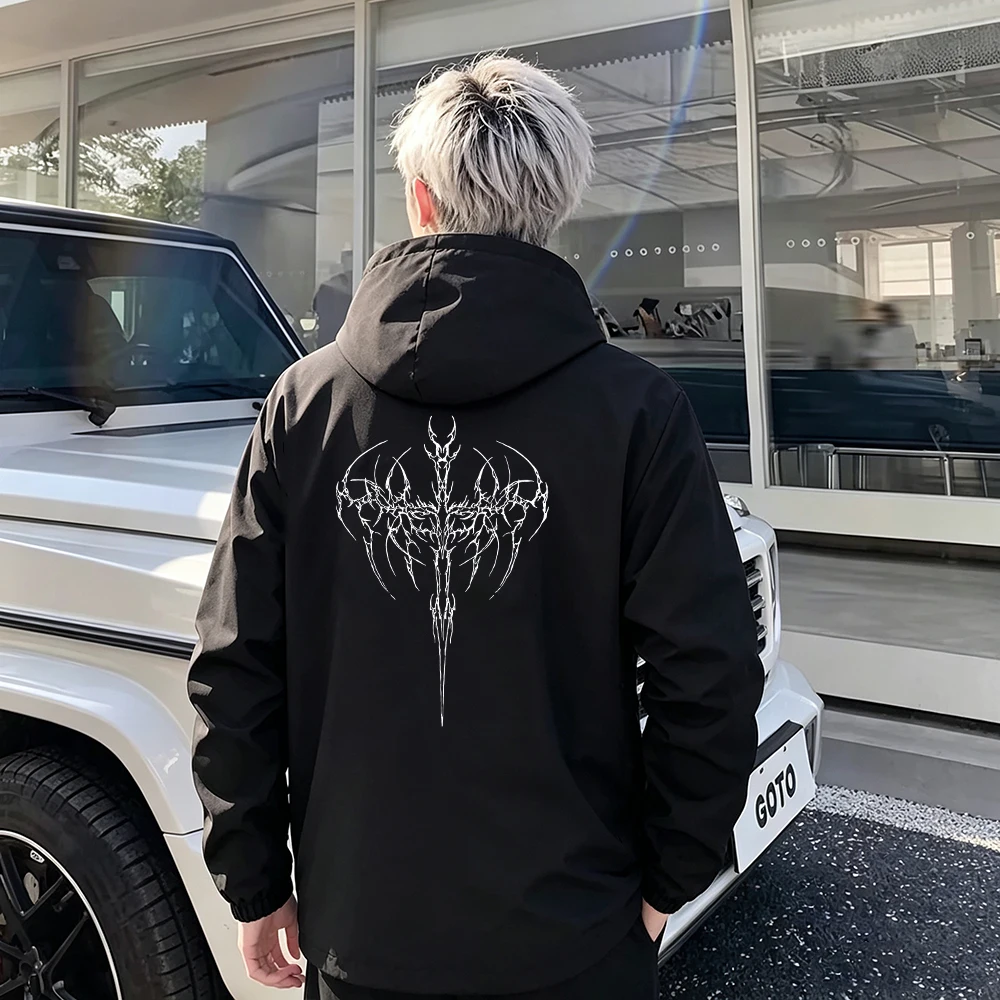 Men Full Zip Jacket Side Stripes Stand Up Hooded Coat for Casual Sport Daily Streetwear Workout Tops Spike Skeleton Sword Print