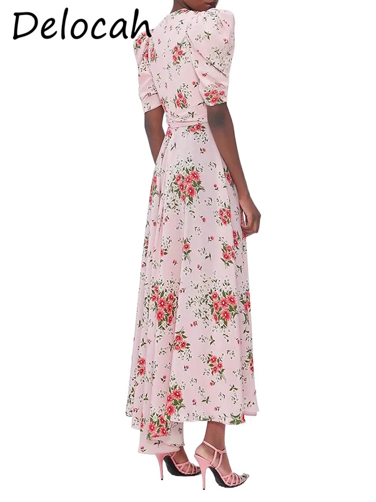 Delocah francês verão rosa impressão magro 2024 novo irregular super bonito cetim rico família filha vestido longo