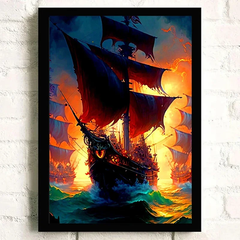 Pirate Ship Poster Retro Neon Design Painting Anime Canvas printing wall art decoration painting For Home Living room decoration