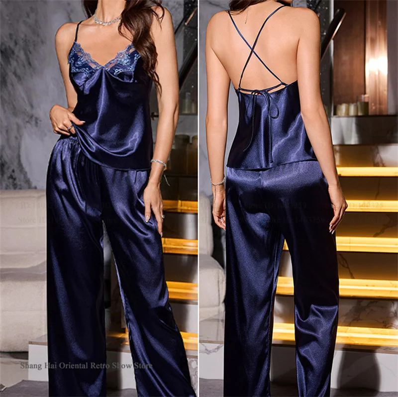 

Women's Pajamas Set Chemise Sleepwear Sexy Lace Trim Intimate Lingerie Suspender Pijamas Suit Summer Silk Satin Homewear Pyjama