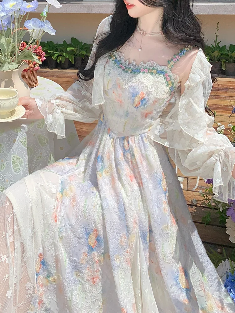 

Mori Girl, милый кружевной лоскутный комплект, женский однотонный солнцезащитный кардиган + слип-платье с цветочным принтом, летний элегантный комплект из двух предметов, новинка 2023 года