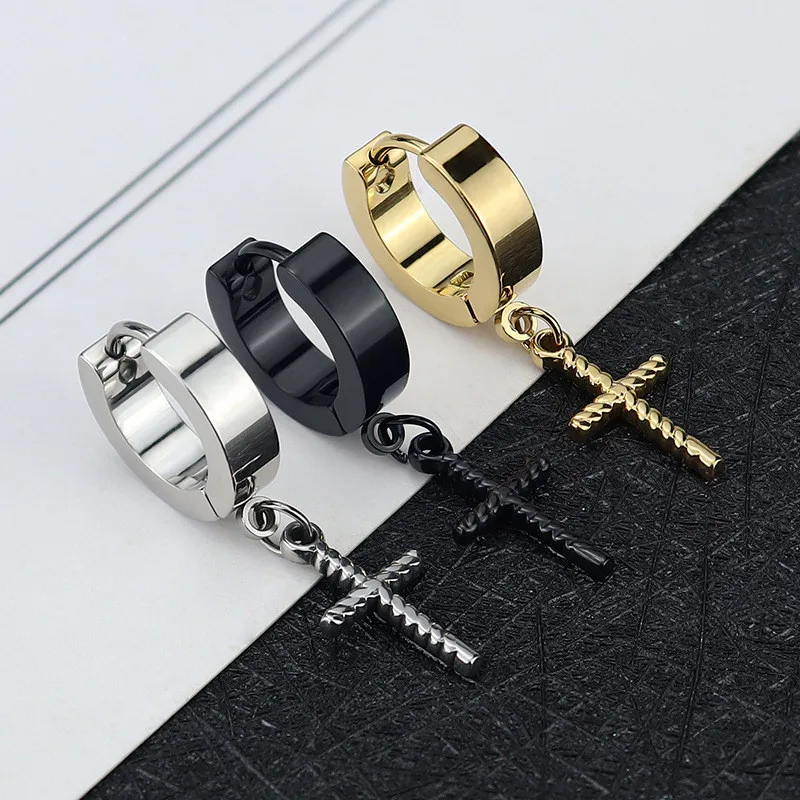 Hip Hop Punk Thread Cross Pendant Earrings Stainless Steel Fashion Geometric Stud Ear Jewelry Party Gifts For Women Men