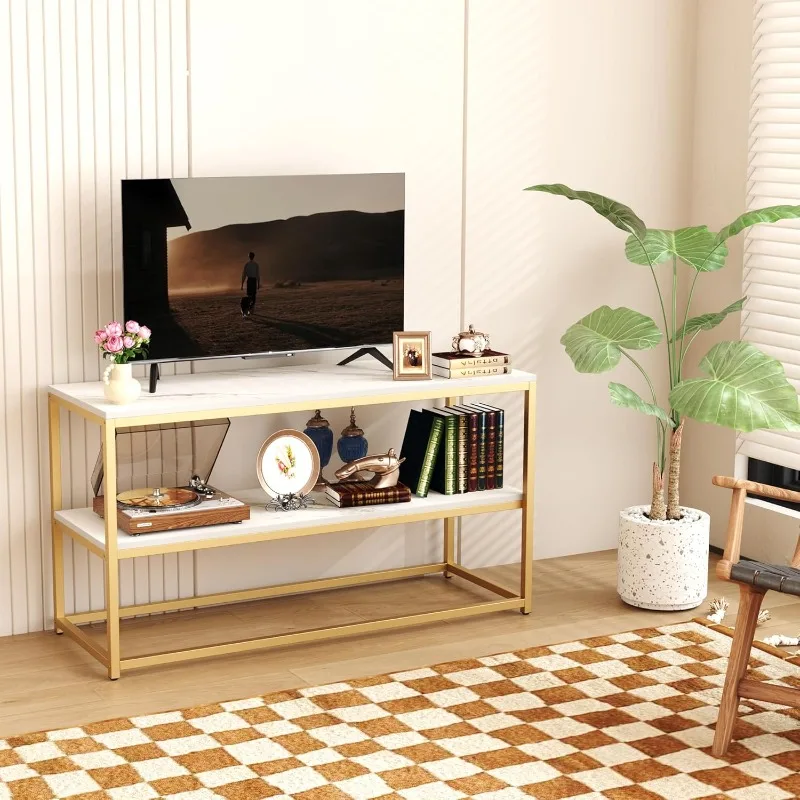 TV Stand for TVs Up To 50 Inch, 3 Tier Entertainment Center, Modern TV Cabinet with Marble Top and Gold Metal Base