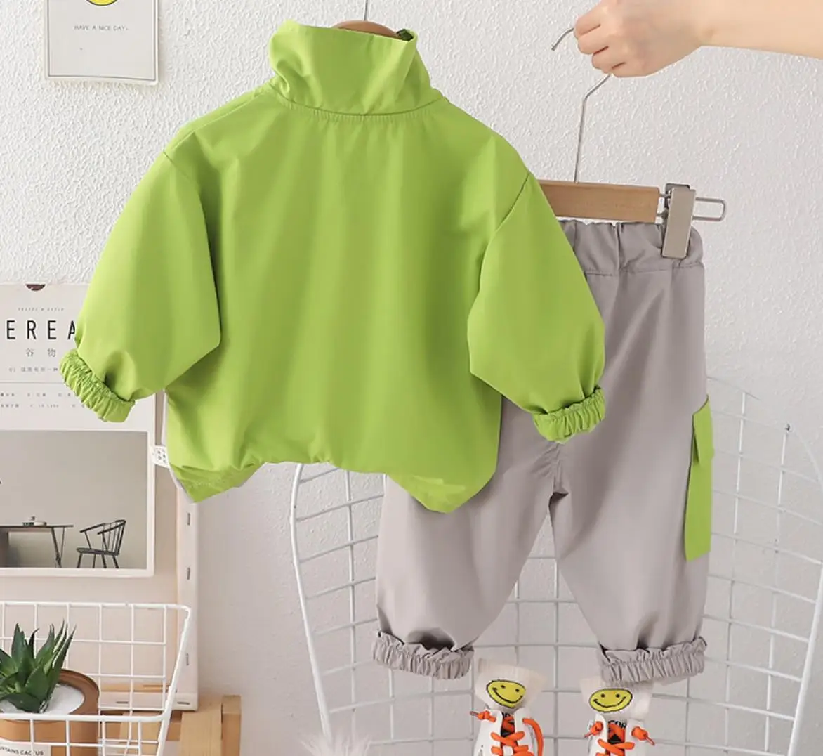 Jaqueta e calça infantil de stand-up colarinho com zíper, roupas de treino para crianças, roupas infantis, roupas de meninos, primavera, outono, 2 peças