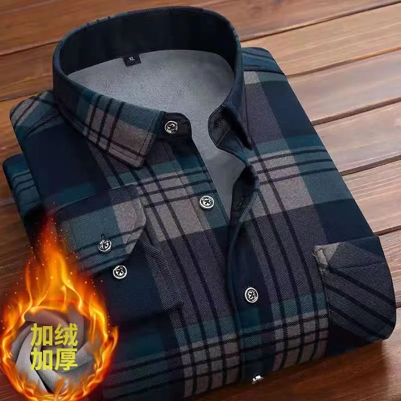 Winter New Trendy Plush Thick Warm Striped Shirt for Men's Casual Loose Retro Sports Large Size High End Long Sleeve Shirt L-5XL