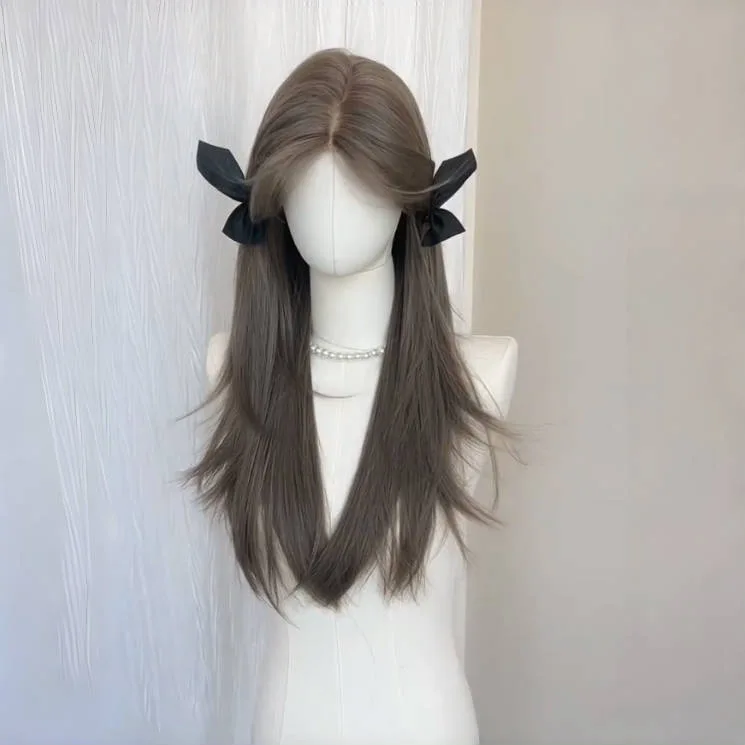 Synthetic Full Wig Milk Tea Gray Brown Long Straight Middle Part Natural Look Lightweight Summer Cosplay Daily Party Hair