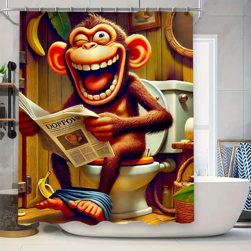 

Comical Monkey Reading Toilet Paper Shower Curtain Bathroom Decor 3D Printed Waterproof Home Accessories for Kids' Bathrooms