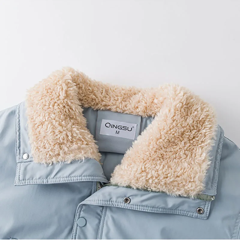 2025 جديد كل مباراة سترات مبطنة بالقطن Wintrt المرأة نمط قصير فضفاض موضة الصوف التلبيب طوق سترة قطن معطف الخبز